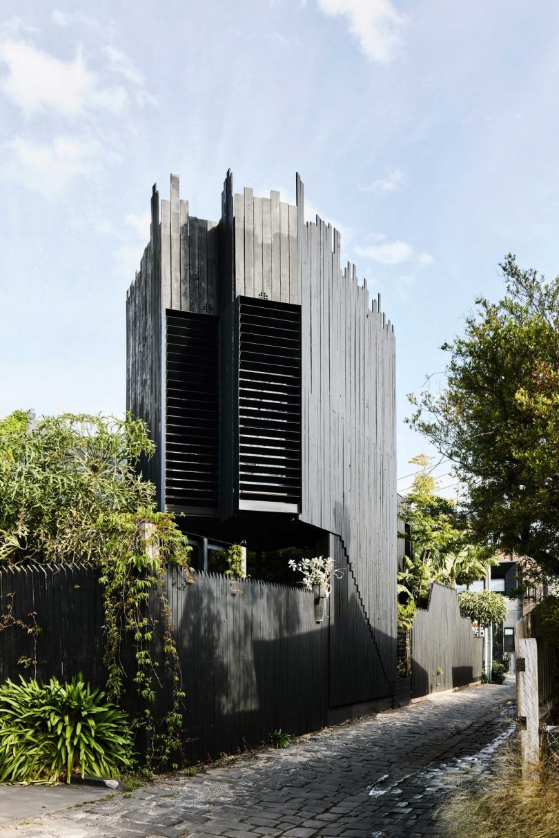 the exterior of the modern house with vertical black panels as siding