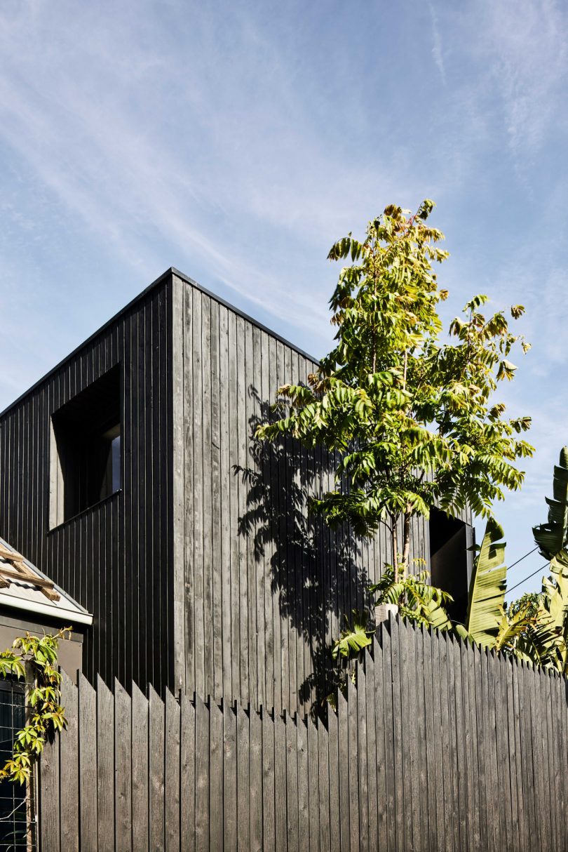 exterior of modern home with vertical black panels as siding