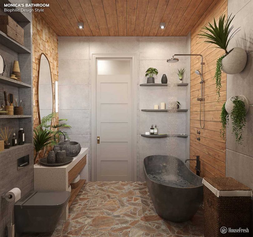 view of replica of Monica Geller's bathroom on Friends with biophilic aesthetic