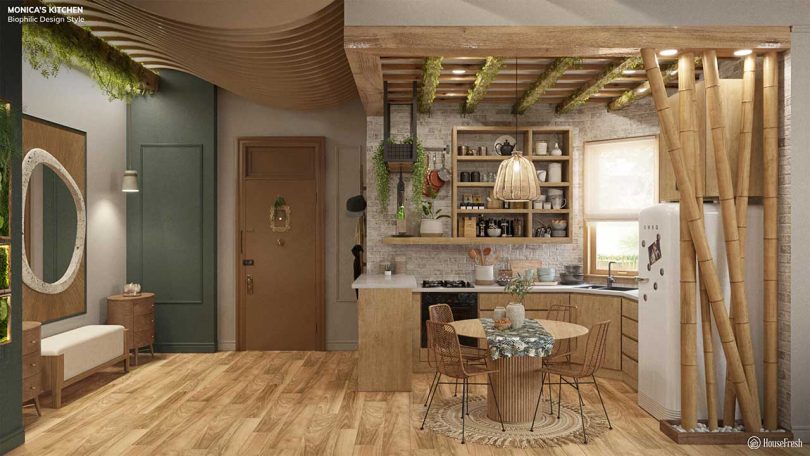 replica of Monica Geller's kitchen in apartment on Friends with biophilic aesthetic