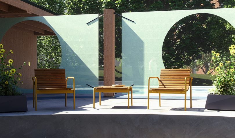 outdoor armchairs and side table on a sun covered deck