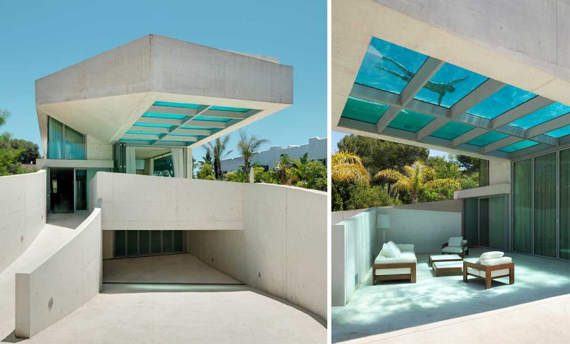 exterior of white concrete modern home with cantilevered pool hanging over it