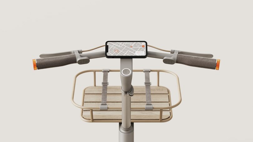 Handlebar view of Pendler ebike with iPhone situated for navigation between handlebars.