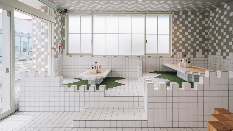 interior restaurant view of pixelated design