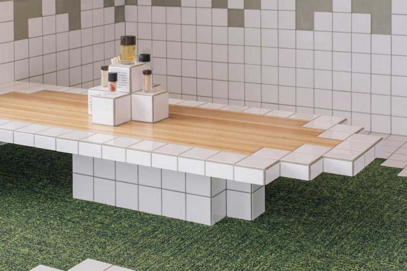 interior restaurant view of pixelated design tables