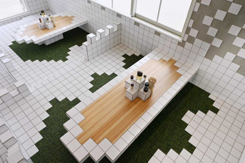 downward view of unique tables in restaurant interior