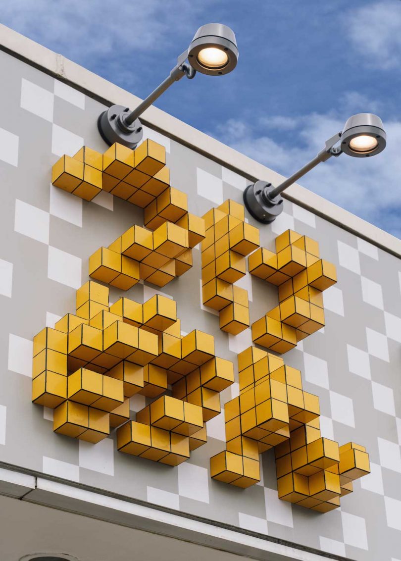 exterior view of Japanese ramen shop's pixelated sign