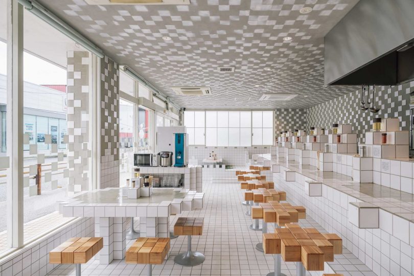 interior restaurant view of pixelated design in ramen restaurant