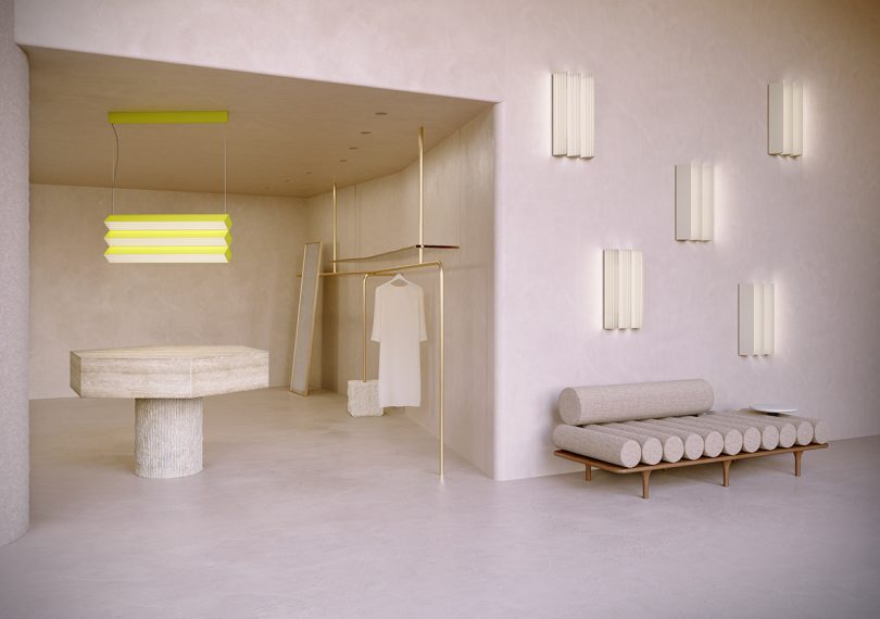 فضای داخلی شیک با میز، نیمکت و شش چراغ روشنایی