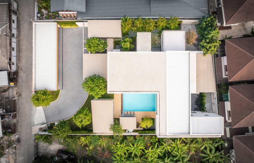 drone shot of modern home looking directly down