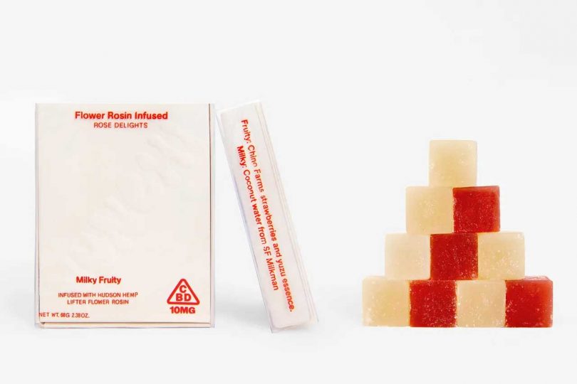 white and red box standing on its side with pyramid stack of white and red turkish delight cbd
