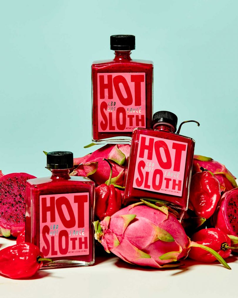 trio of Hot Sloth bottles of hot sauce