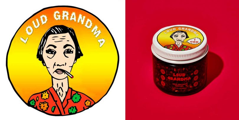 cartoon logo of Loud Grandma with jar of Loud Grandma chili oil on right