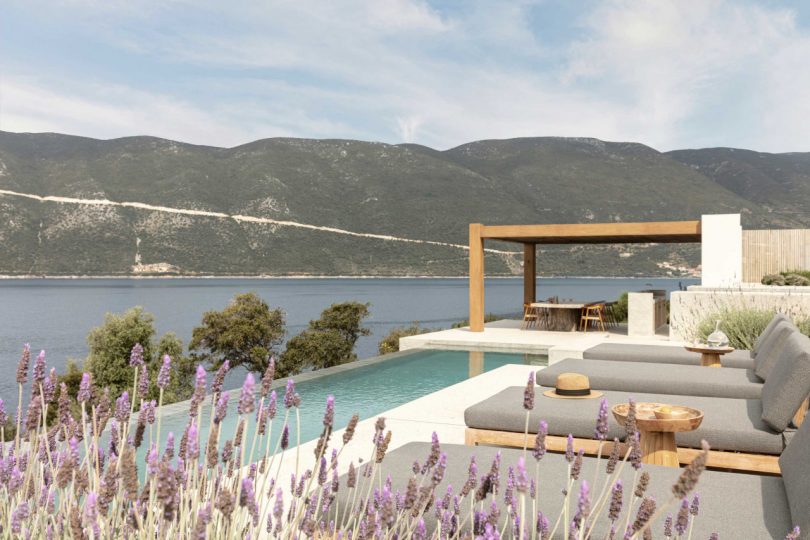 exterior of modern house looking out to minimalist pool and out to ocean