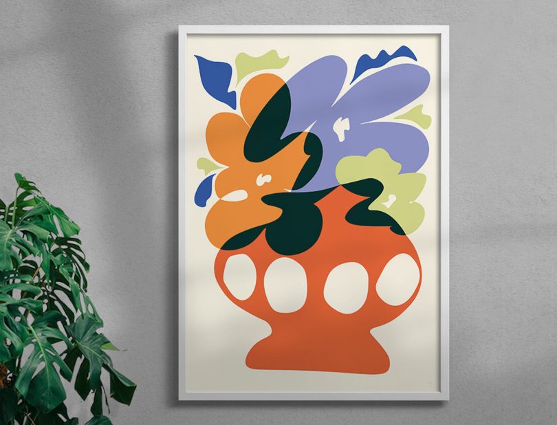 Drooling art print in large flowers in a large vase