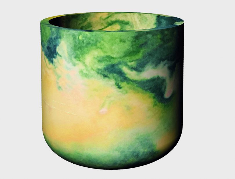 big cylindre planter in yellow and green marble
