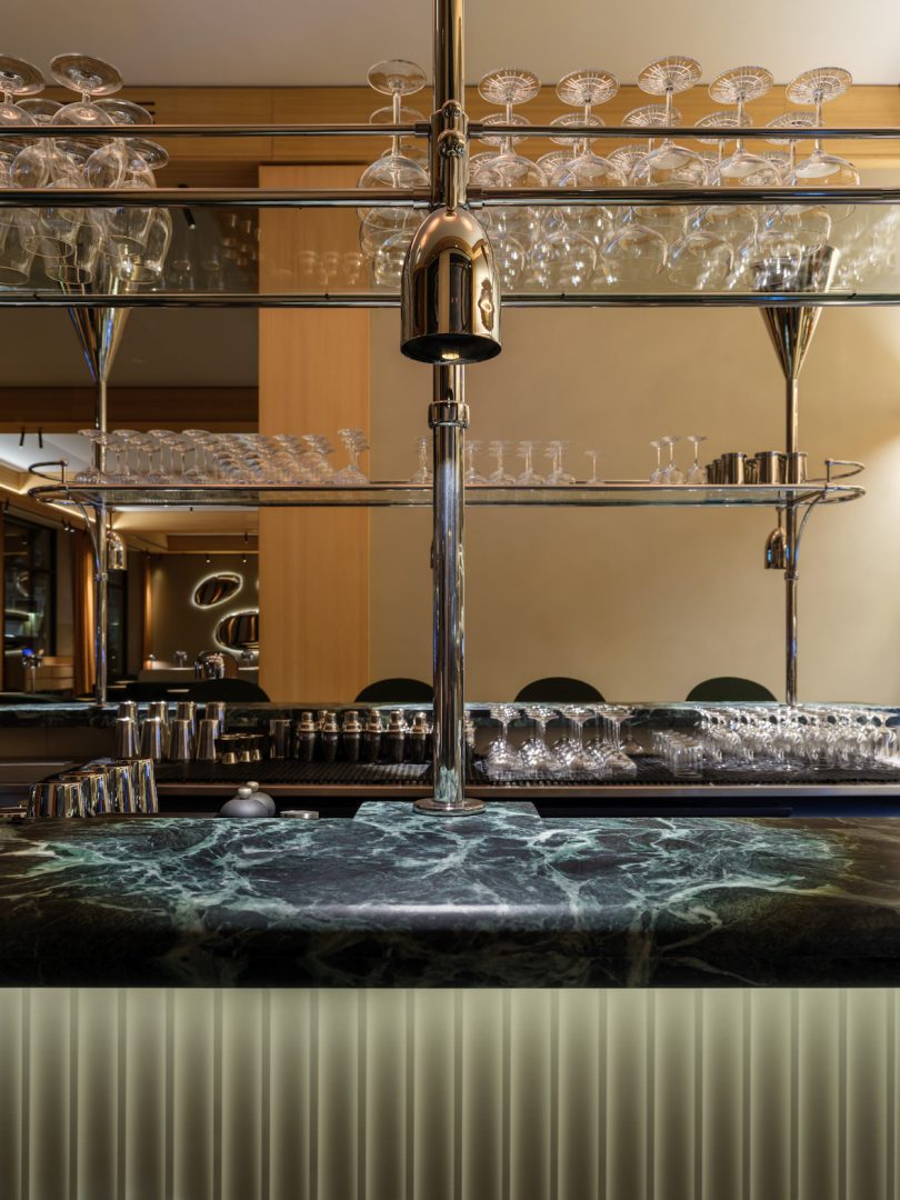 restaurant interior with closeup view of glassware