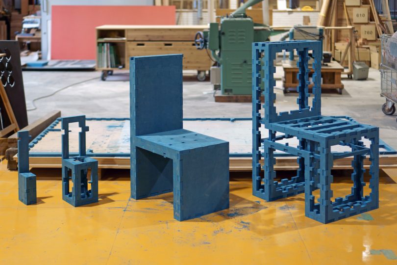 blue MDF wood chairs