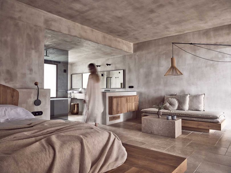 interior view of hotel room in Greece with neutral furnishings