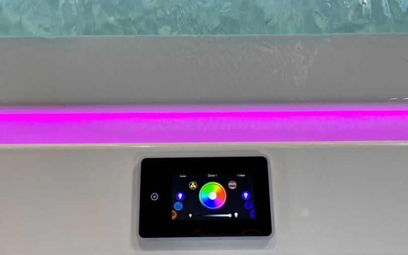 Detail of Vibe spa touch panel color controls for lighting and jets.
