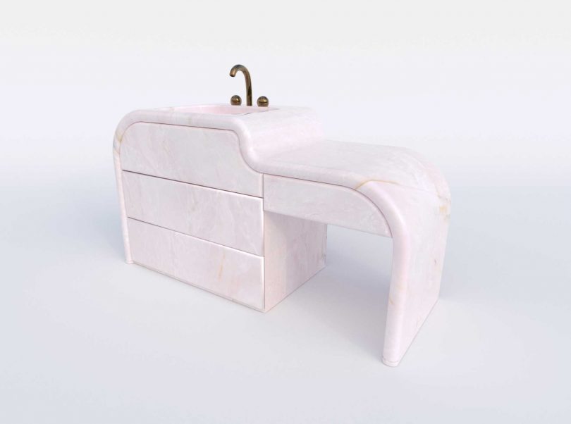 curvy pink marble vanity on white background