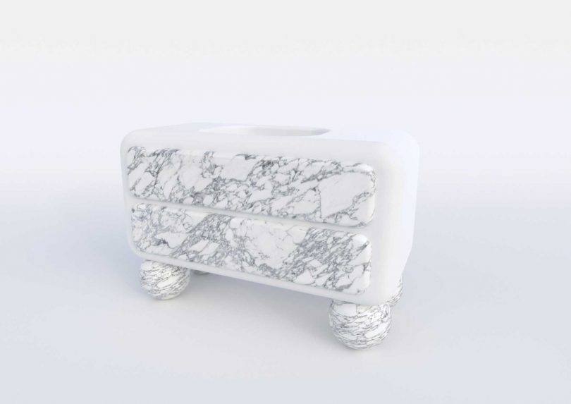 grey and white marble vanity on white background