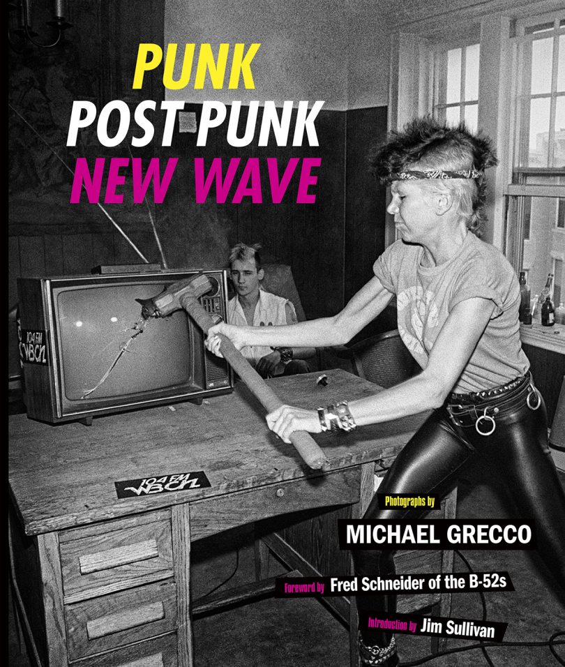 book cover with a person smashing a TV with a coquet mallet and the words PUNK, POST PUNK, NEW WAVE