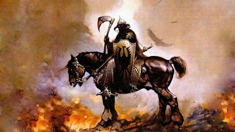 artwork of man with a scythe on horseback surrounded by destruction
