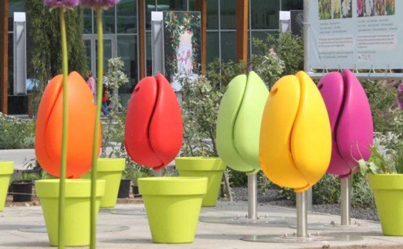 bright public seating shaped like tulip bulbs