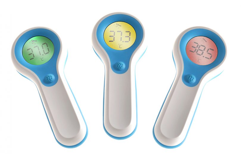 three spoon-shaped white and blue thermometers on white background