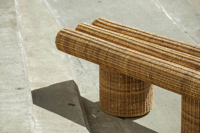 detail of two woven outdoor benches