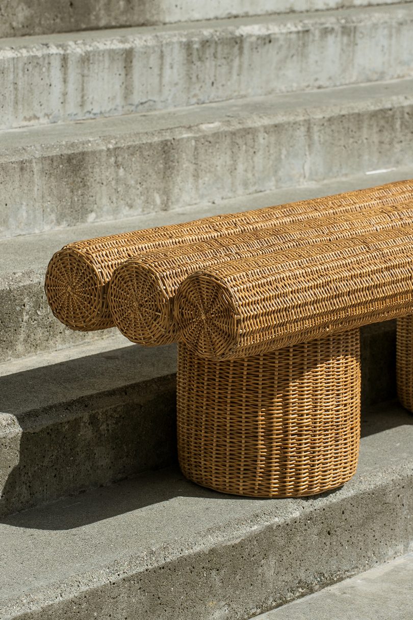 detail of two woven outdoor benches