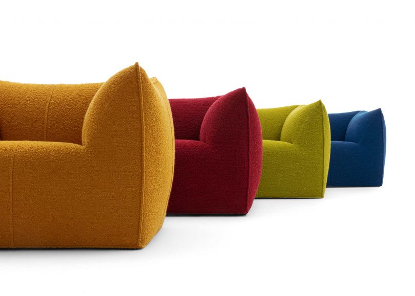 four sofas fanned out showing just the right sides in four different colors