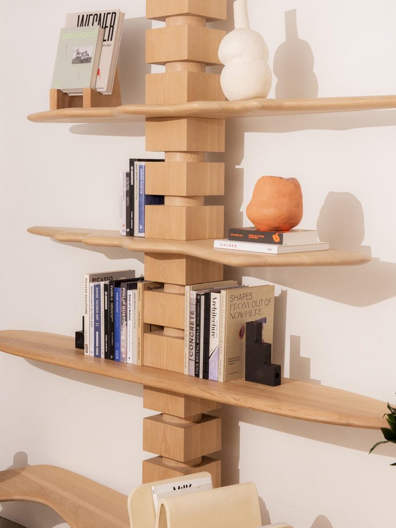 detail of modular wood shelving