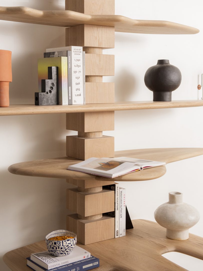 detail of modular wood shelving