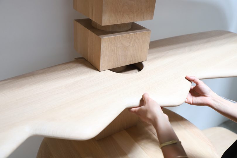 detail of modular wood shelving