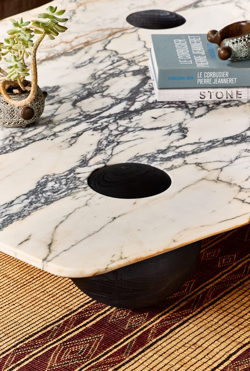 detail of a large marble coffee table
