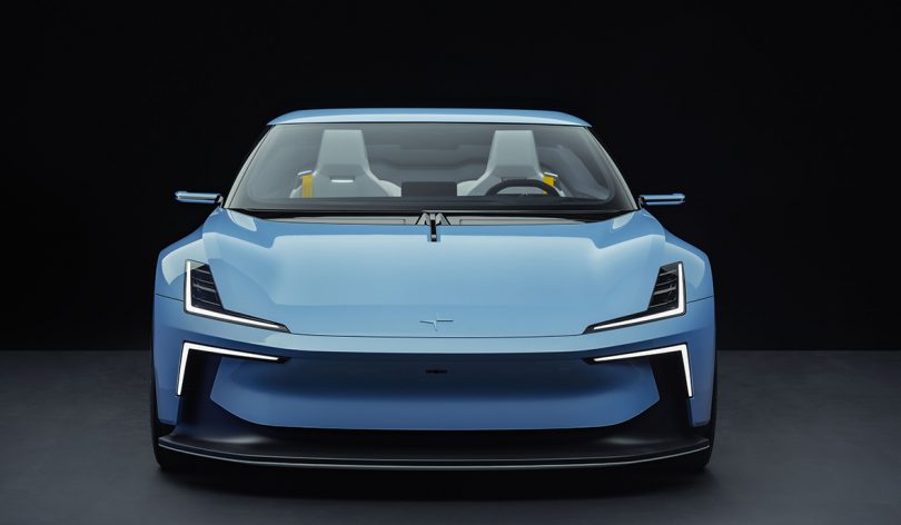 Front view of Polestar 6 in sky blue finish shown with illuminated Thor's Hammers headlights. 