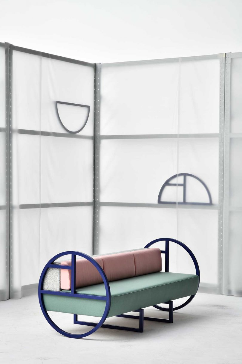 geometric sofa with pastel upholstery