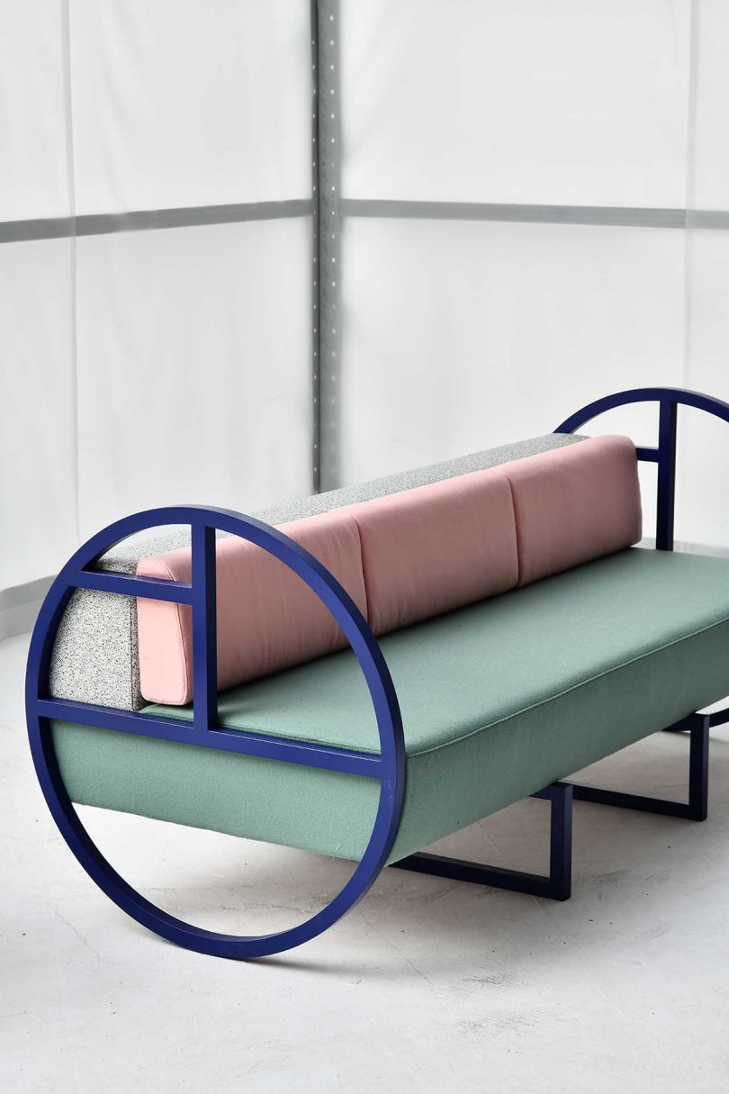 detail of geometric sofa with pastel upholstery