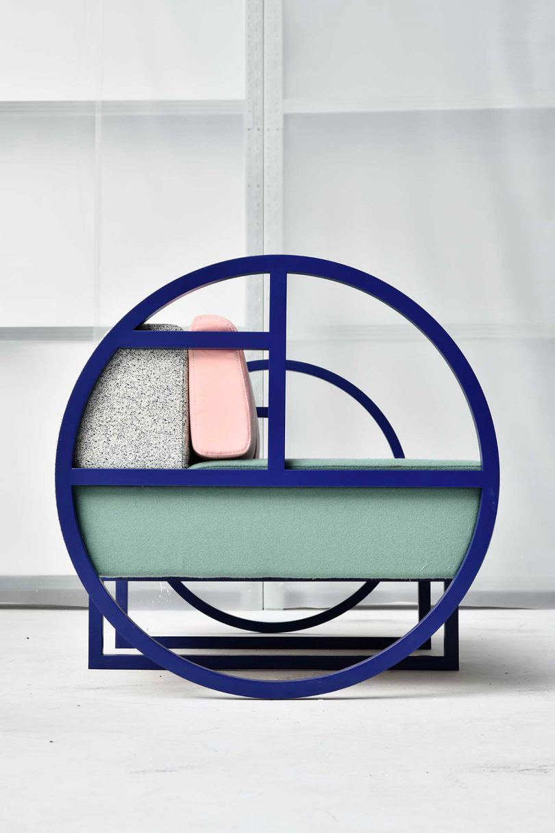 detail of geometric sofa with pastel upholstery