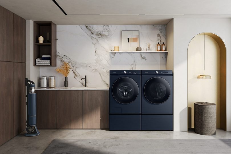Bespoke Samsung washer and dryer set in kitchen color side by side.