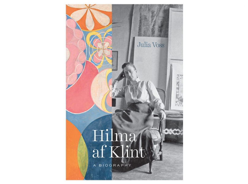 bookcover with graphic design and black and white photo of woman seated with the words Hilma af Klint A Biography