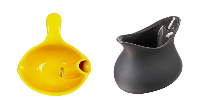 yellow vintage gravy boat on left with fat sorter in black on right