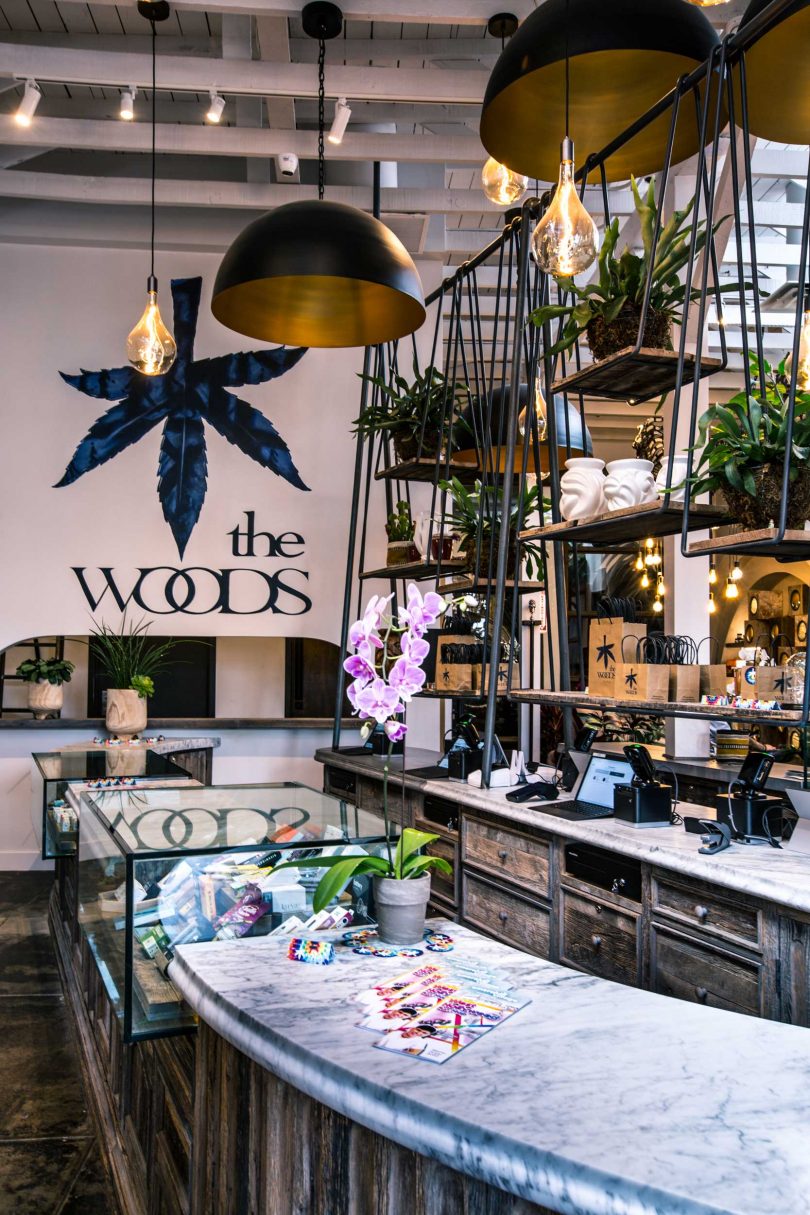 interior shot of cannabis shop with wood and greenery accents and checkout counter