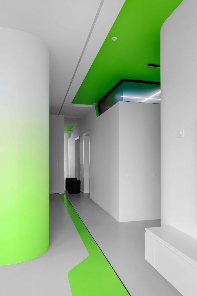 interior view of modern apartment apartment hallway with gradient green accents
