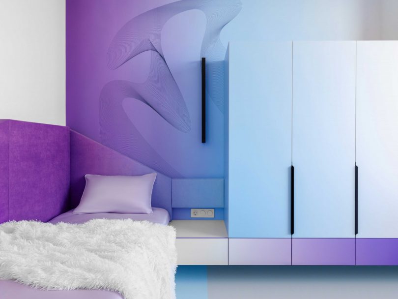 Interior view of modern bedroom with twin bed and gradient shades of purple and blue