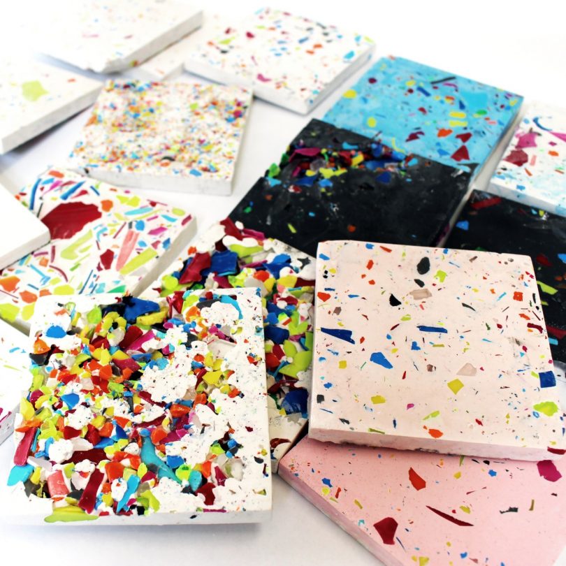 square sample tiles with various terrazzo mixes