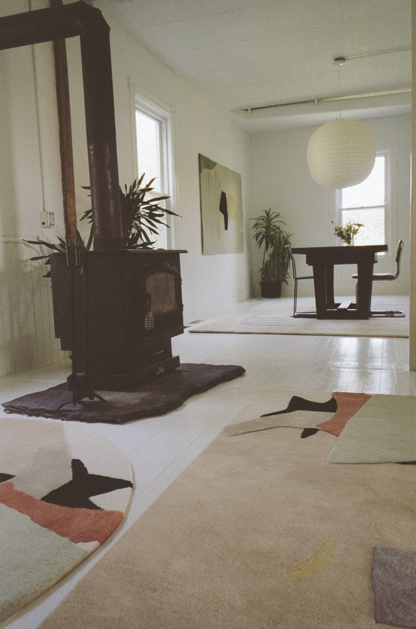 hand-tufted rugs with abstract shapes in living room
