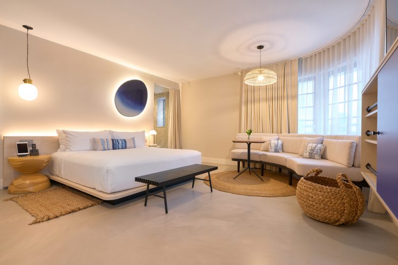 Suite featuring neutral tones and ambient lighting